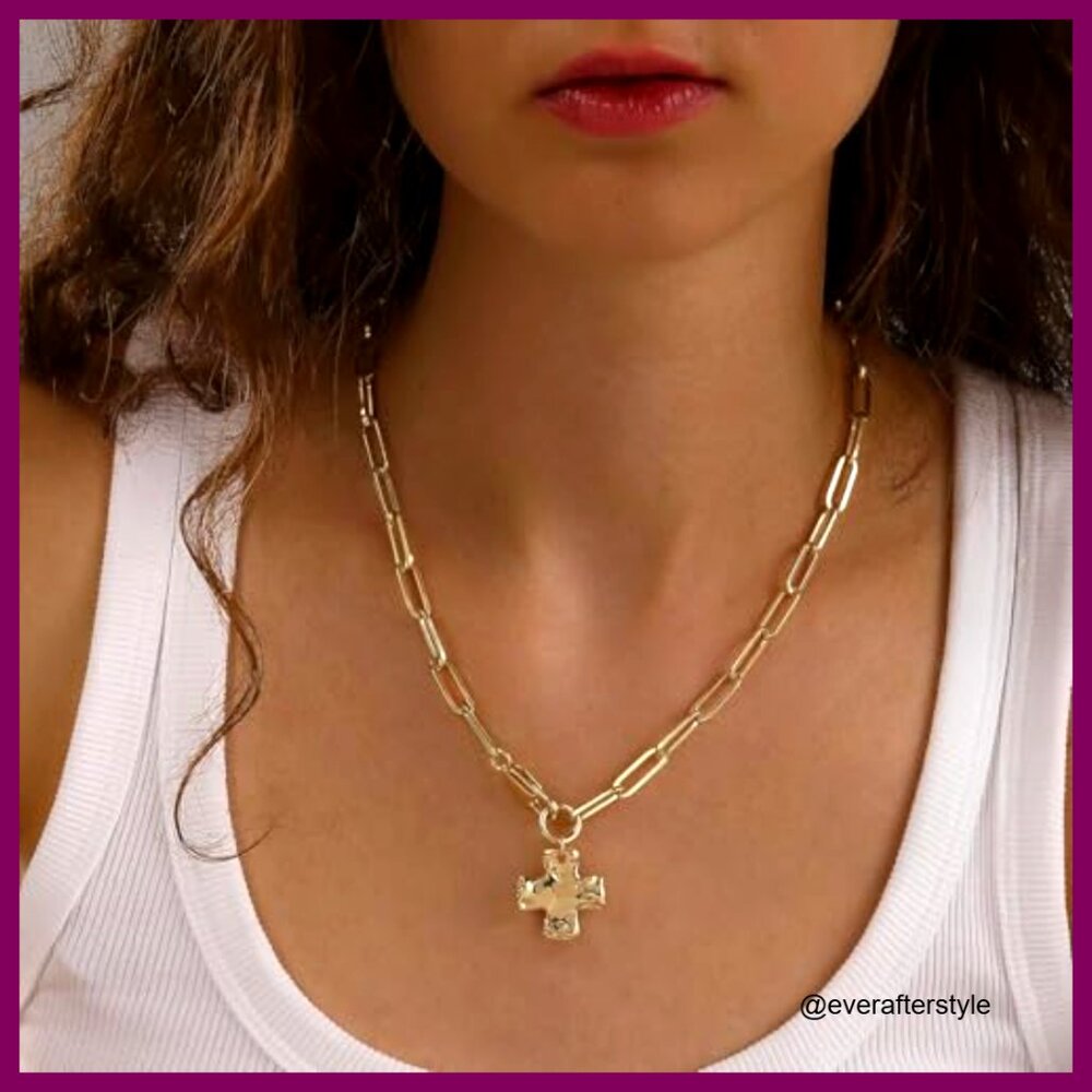 14K Gold/Silver Plated Chunky Cross Pendant Necklace Paperclip Chain - Picture 3 of 7